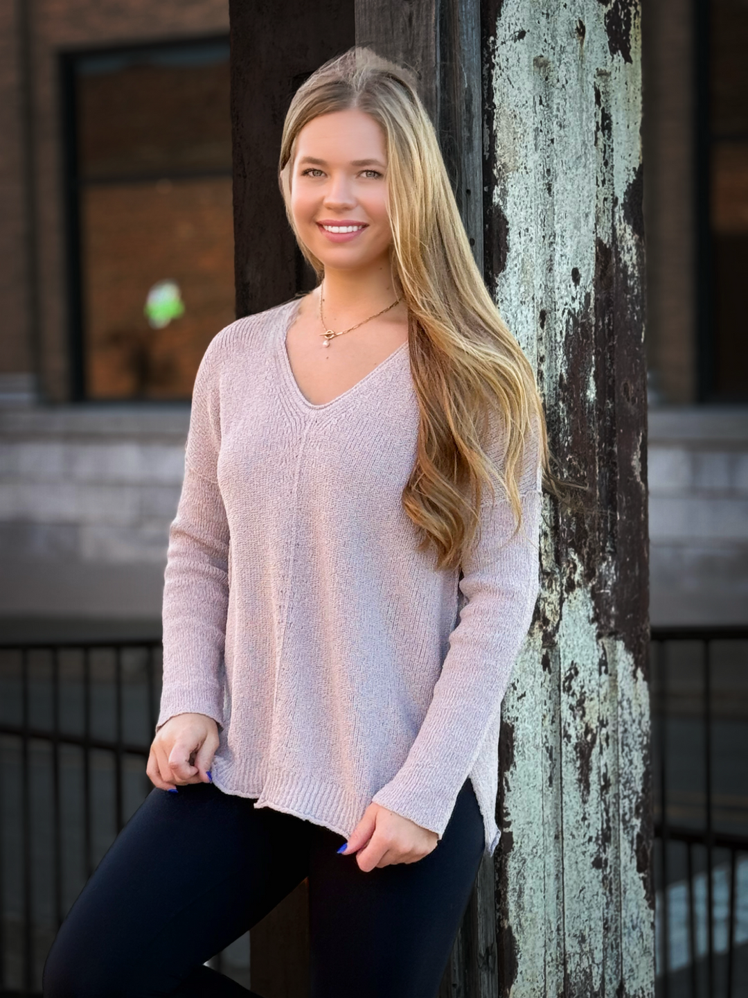 V-Neck Long Sleeve Side Slit Sweater in Ash Rose