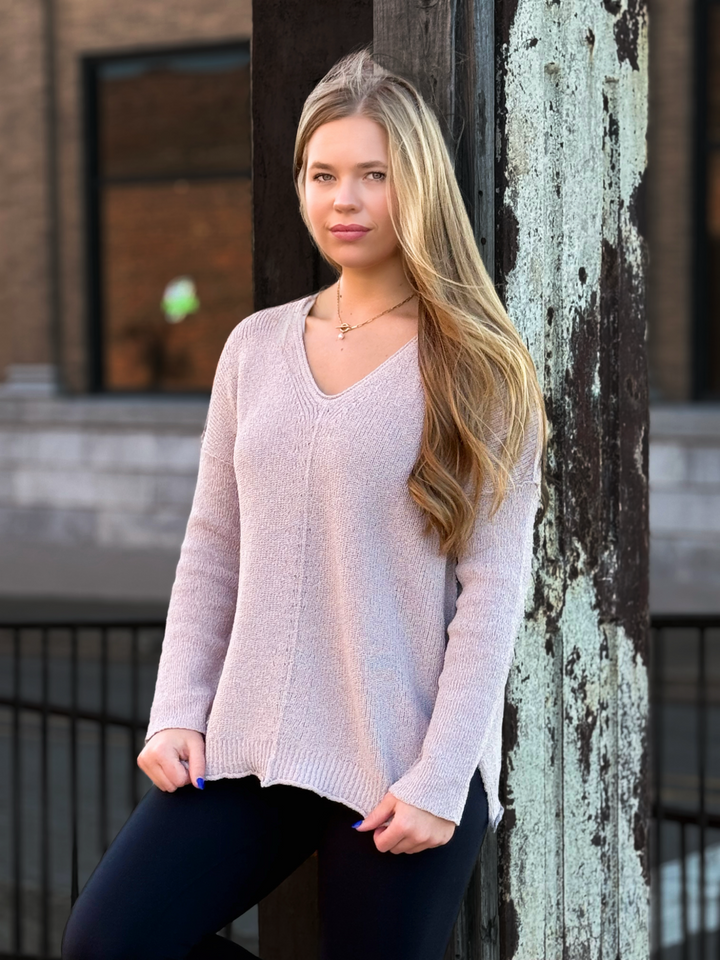 V-Neck Long Sleeve Side Slit Sweater in Ash Rose