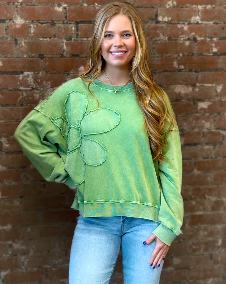 Long Sleeve Flower Patch Top in Green