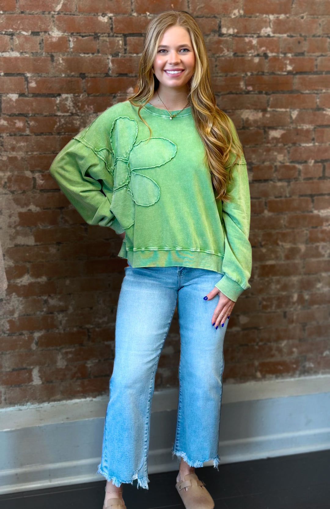 Long Sleeve Flower Patch Top in Green