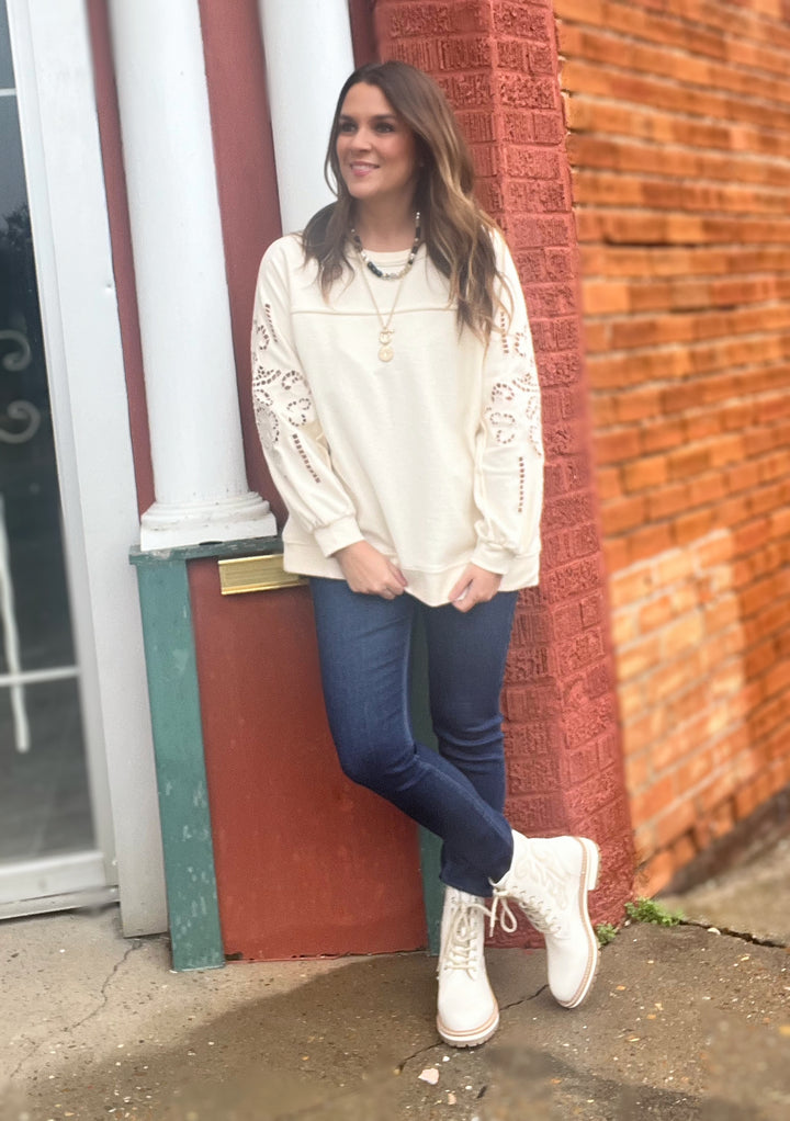 Embroidery Long Sleeve French Terry Top in Ivory