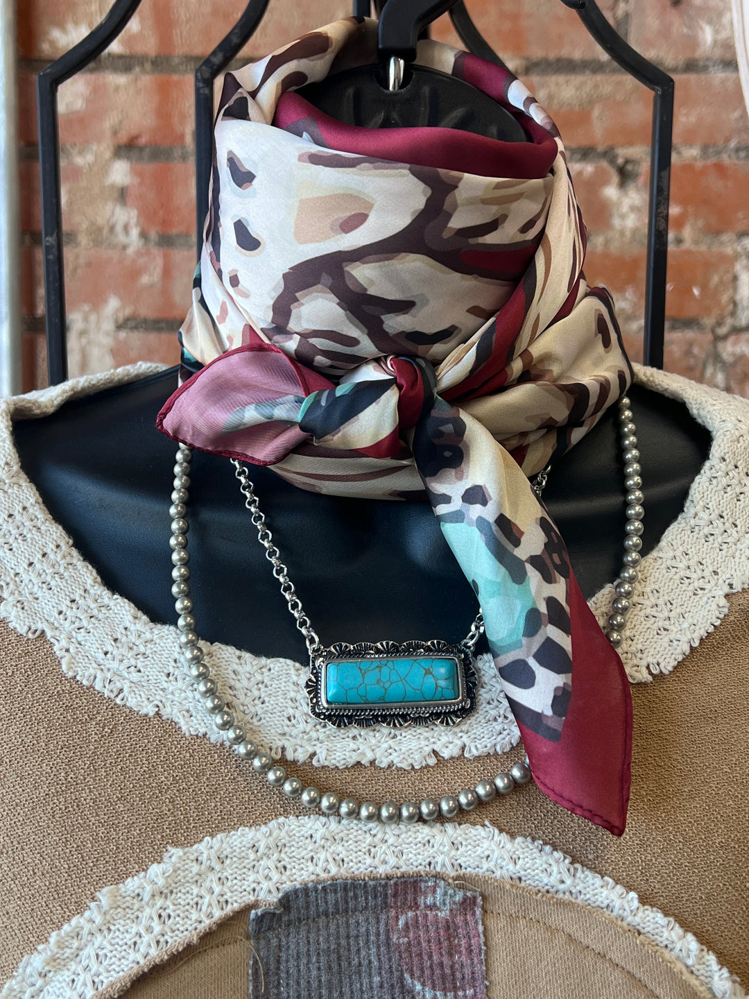 Red, cream and Turquoise Silky Scarf