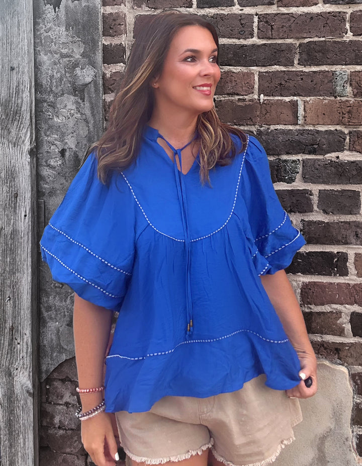 Royal Blue Lace Trim Blouse
