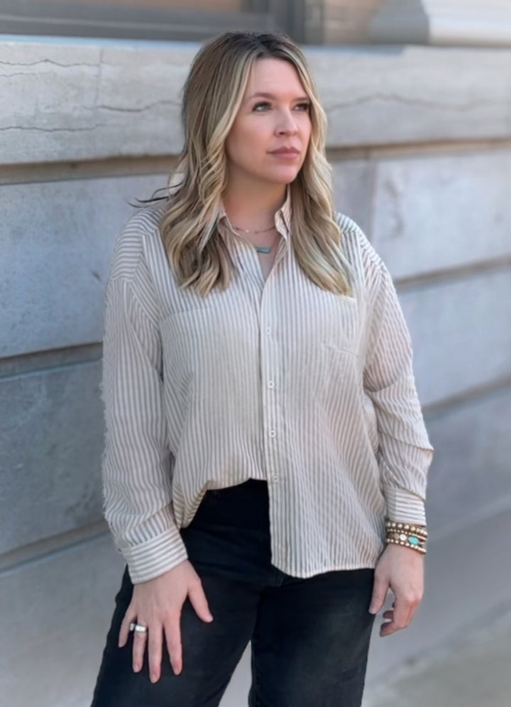 Striped Sheer Oversized Button Down Shirt