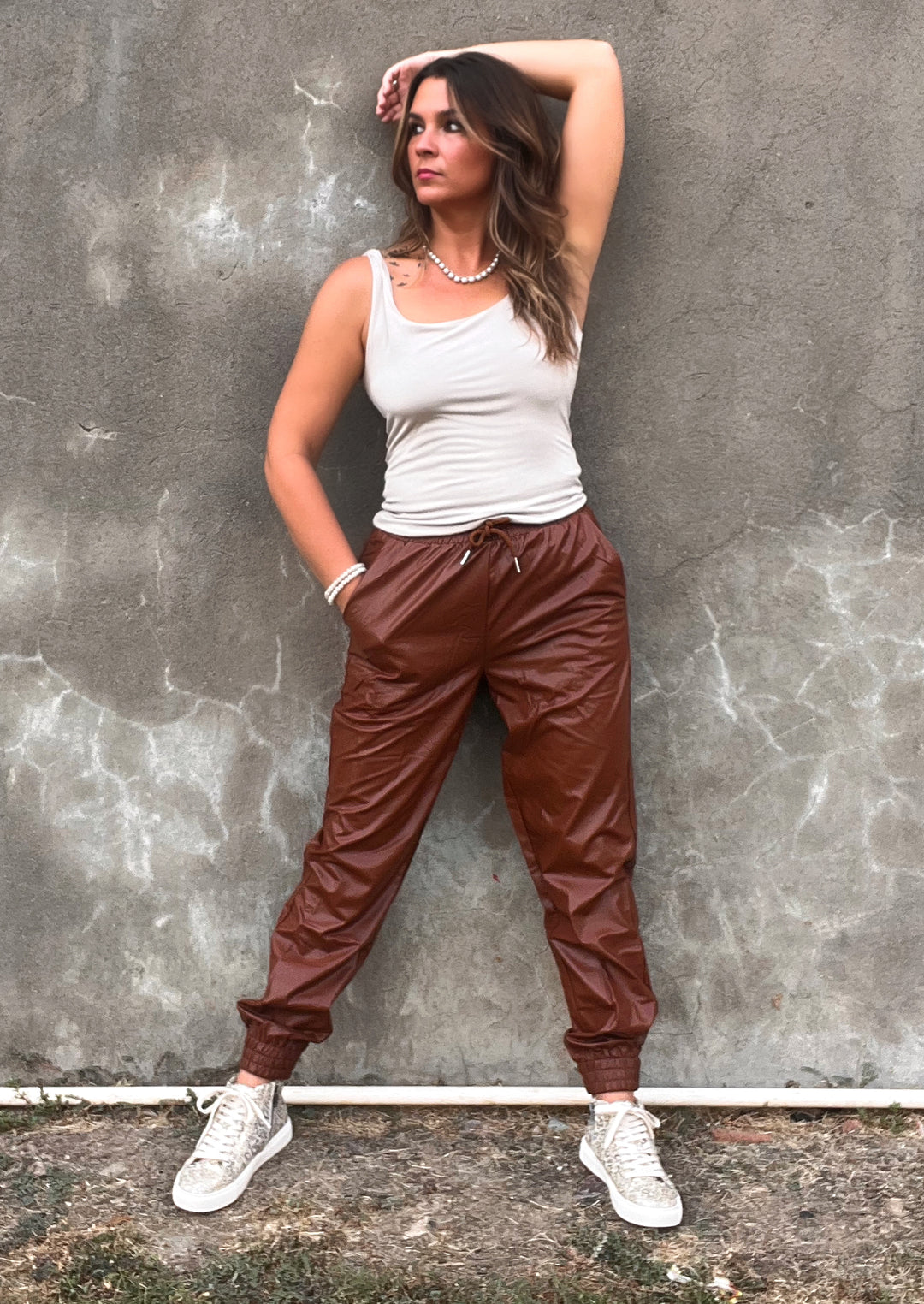 Rocking It Leather Joggers in Caramel