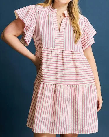 Stripped Flutter Sleeve Babydoll Dress
