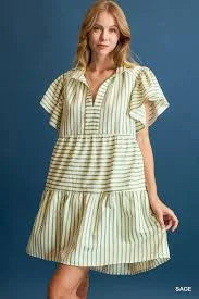 Stripped Flutter Sleeve Babydoll Dress