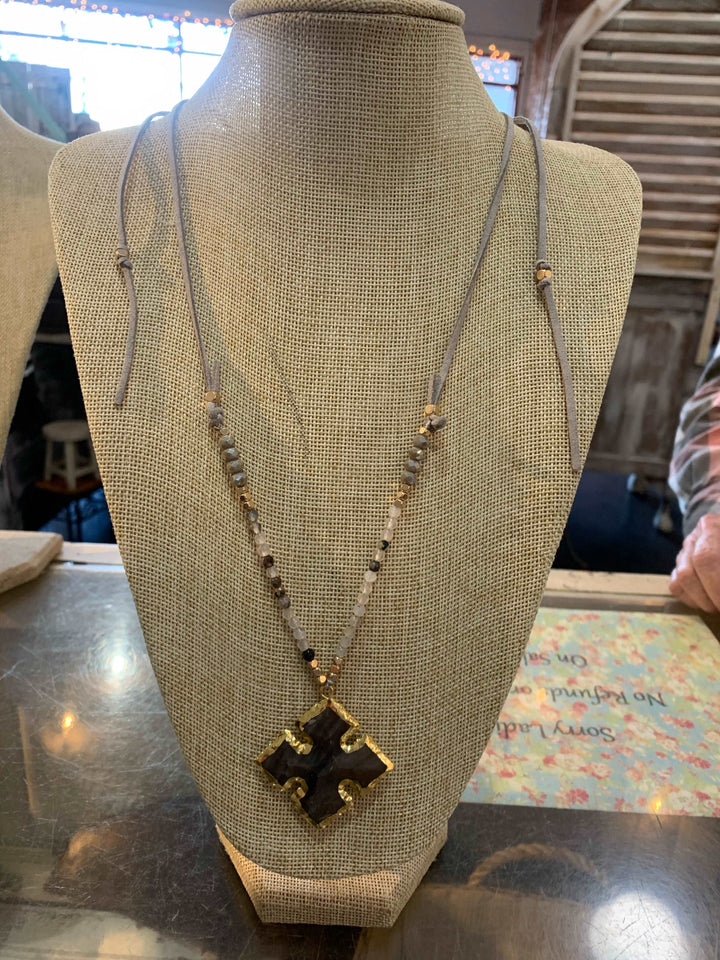 Leather Necklace with small beads and gold Trimmed Cross