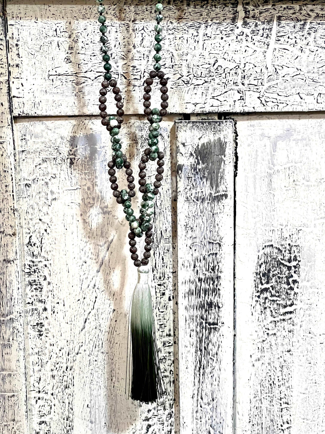 Green and Coffee Beaded Necklace W/Green Tassel