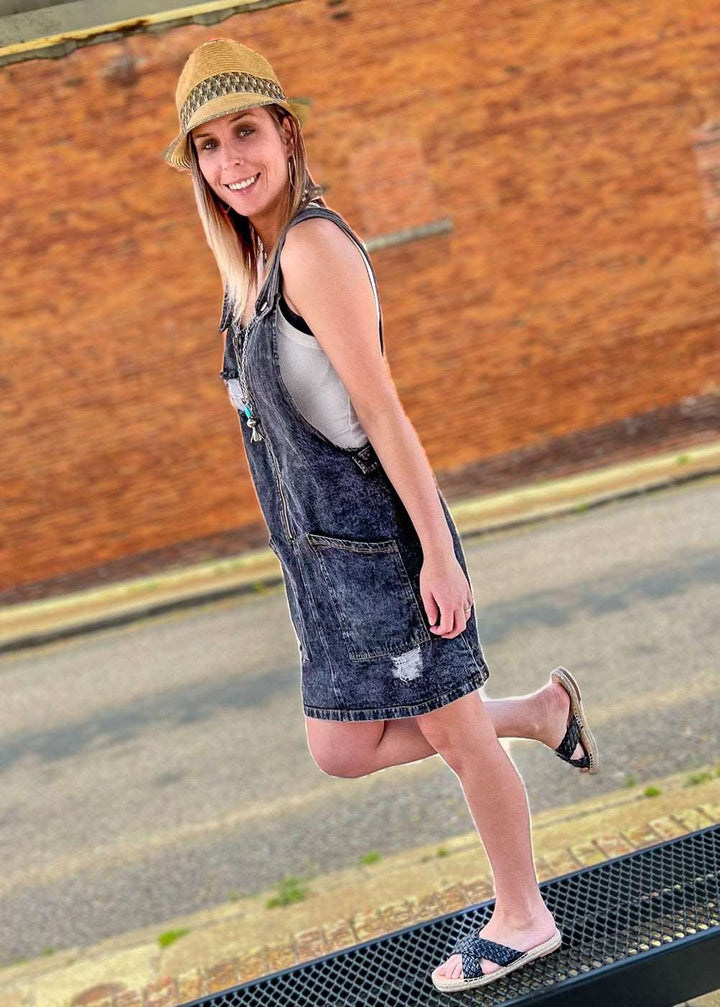 Kayla Overall Denim Dress with Front Pockets