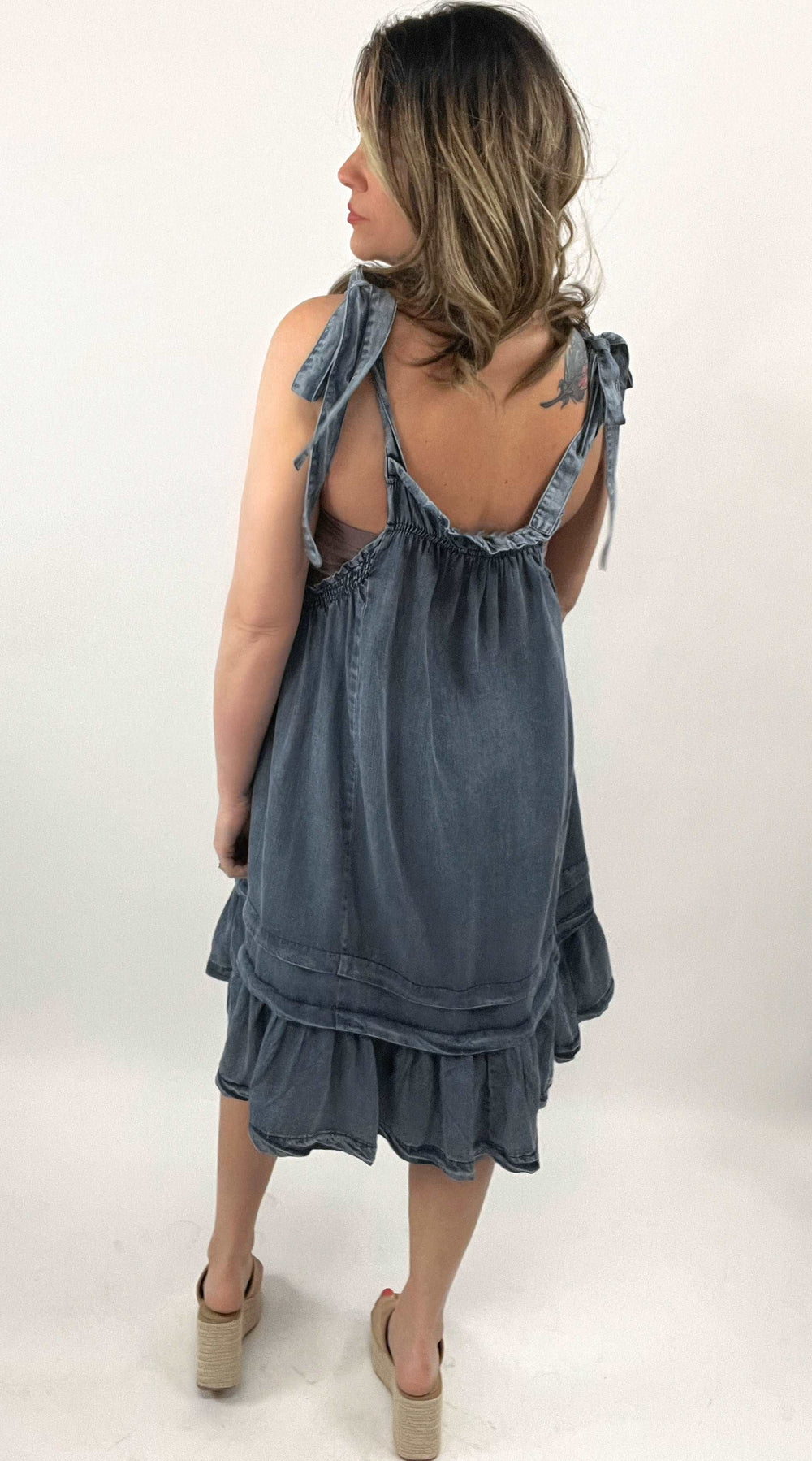 Jennifer Denim Ruffle Dress w/Tie Shoulder Detail