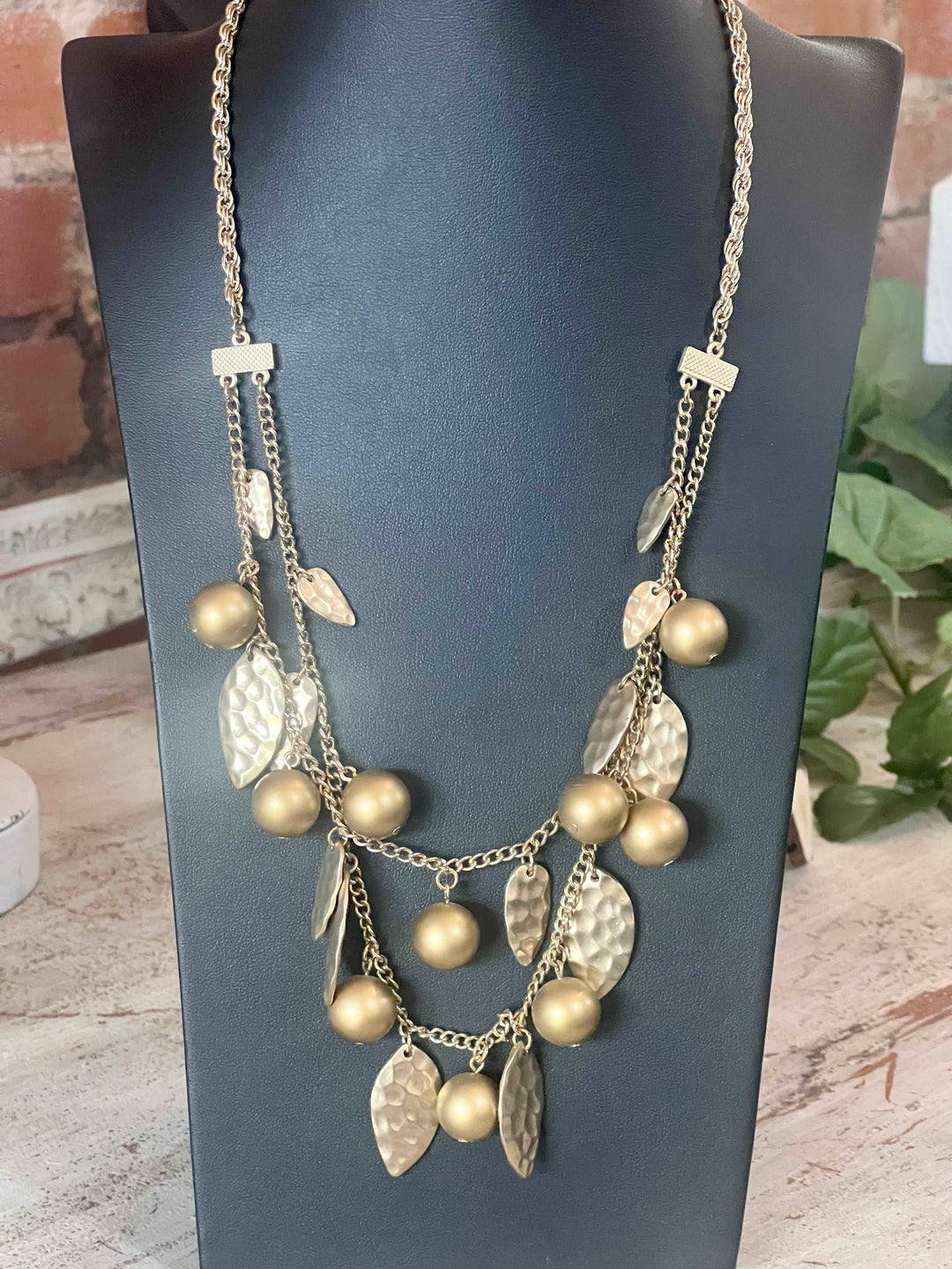 Gold Double Chain w/Matt Leaf ad Ball Charm Necklace