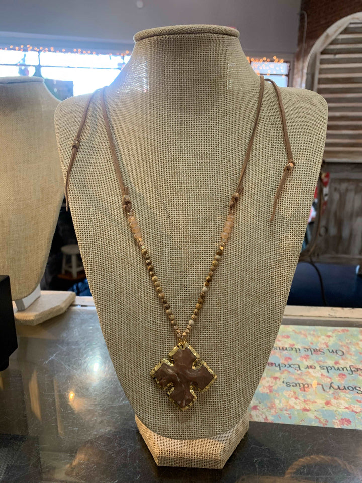 Leather Necklace with small beads and gold Trimmed Cross