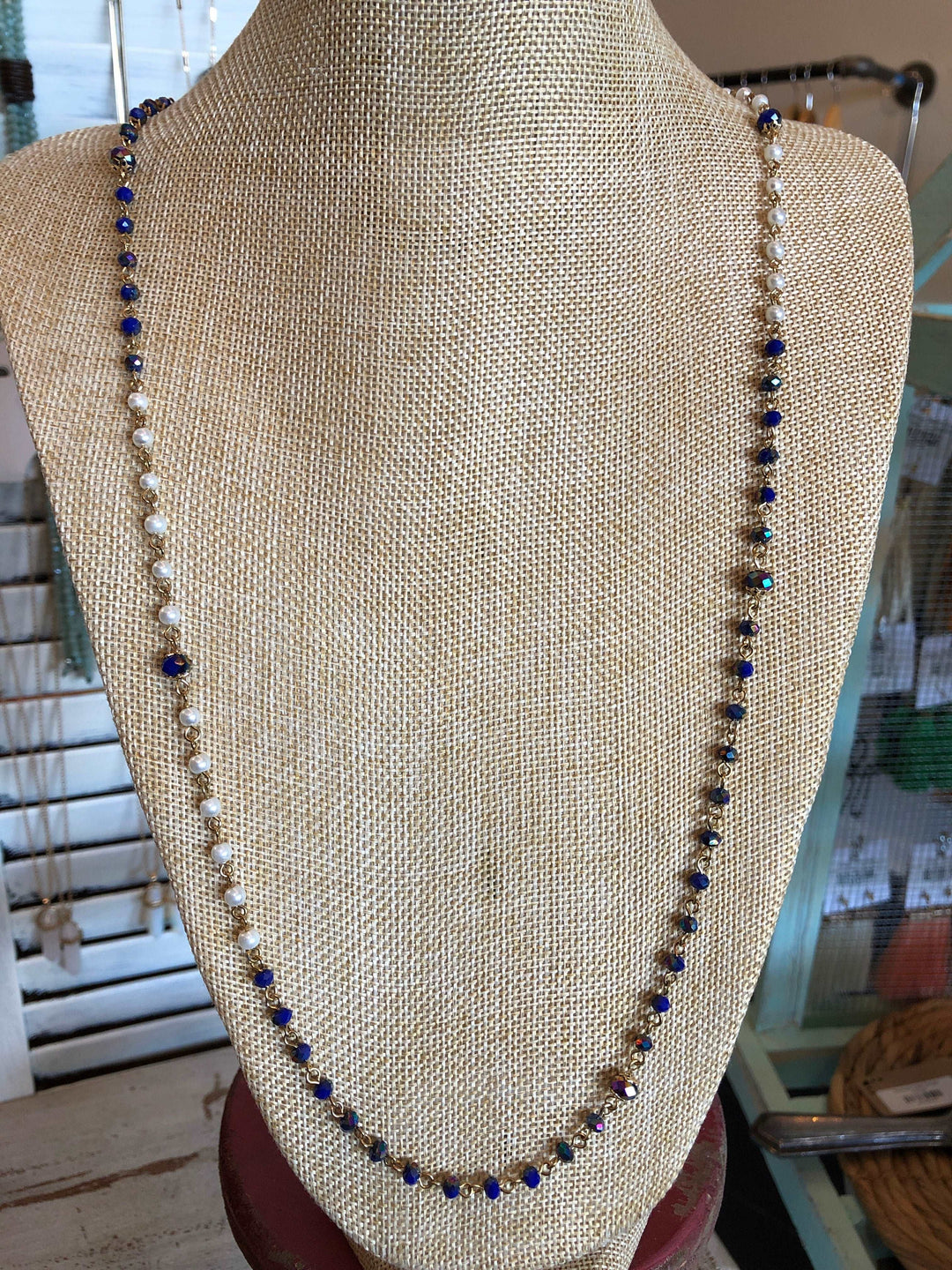 Colbalt and Pearl Bead Necklace