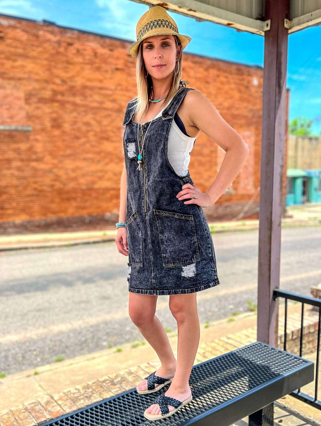 Kayla Overall Denim Dress with Front Pockets