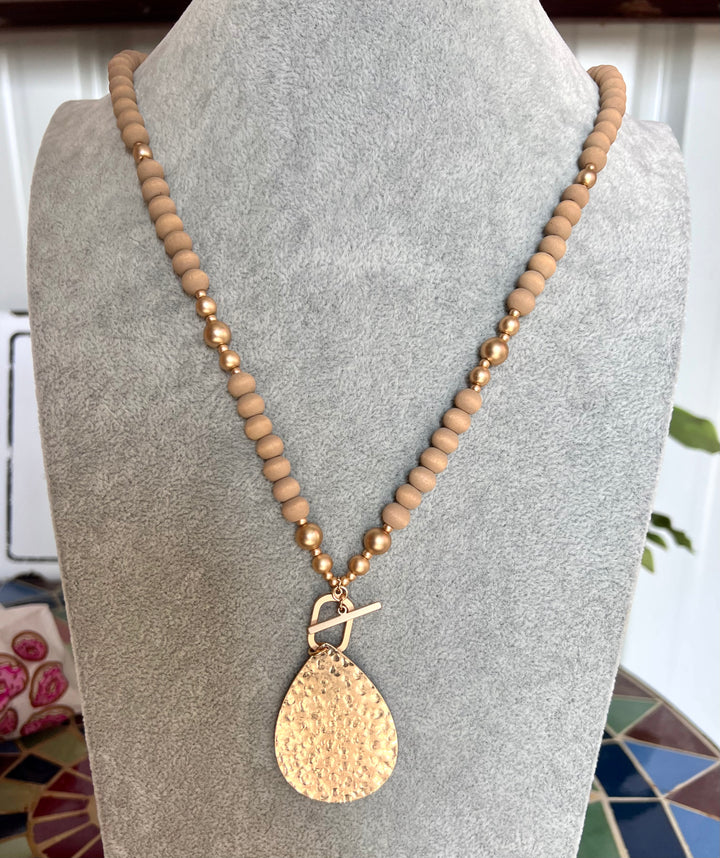 Mocha Bead with Gold Teardrop Pendant Necklace