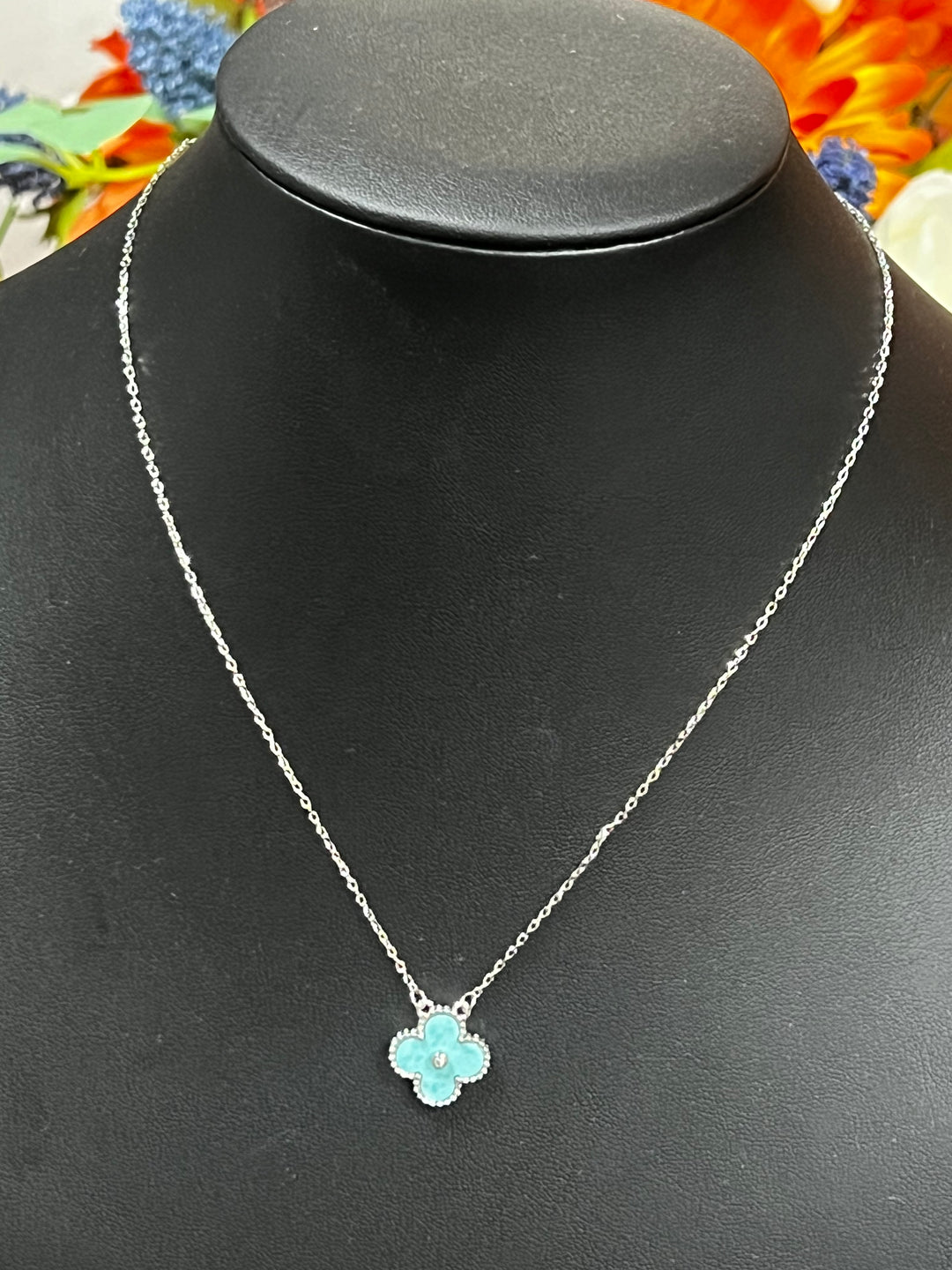 Dainty Silver Chain with Turquoise Color Clover Necklace