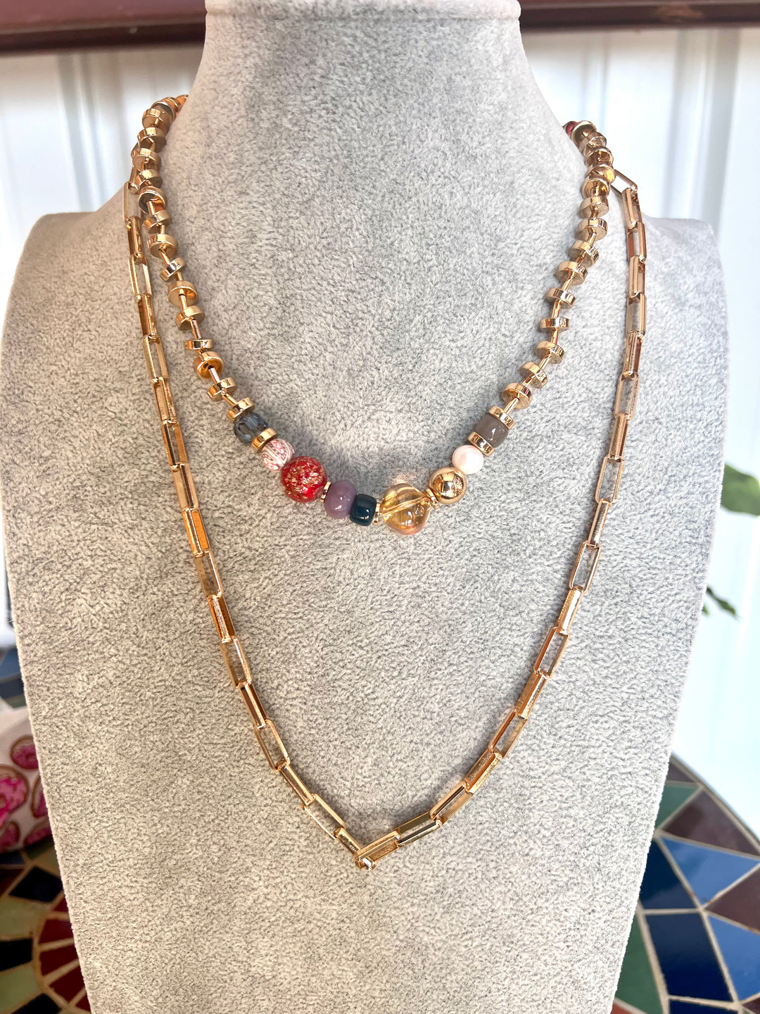 Multi color Beads/Gold Double Strand Necklace