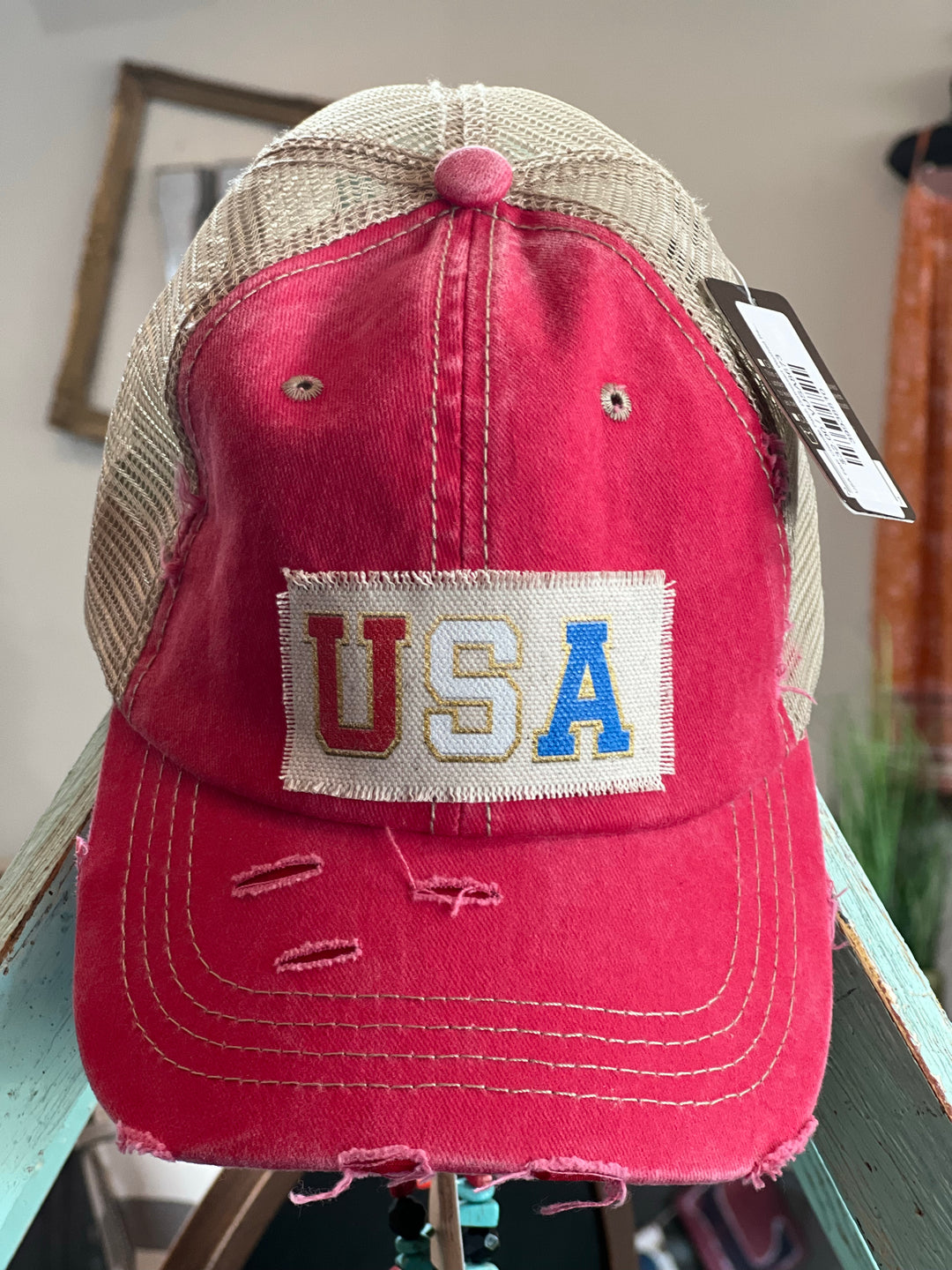 USA Faux Chenille Patch Distressed Washed Red Cap