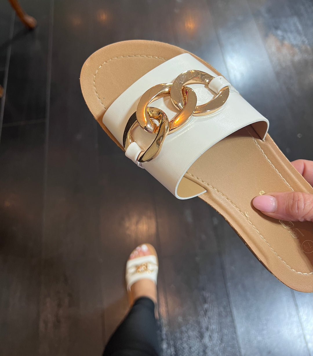 Ageless White Slide on Sandal w/Gold Chain Accent