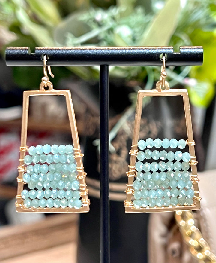 Mint Crystal & Gold Geometric 1.75" Earrings