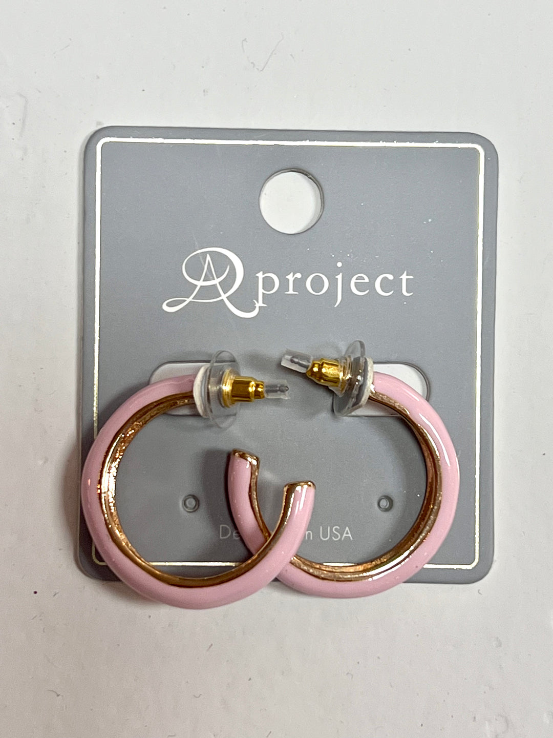 Pink Epoxy and Faux Gold Hoop Earrings