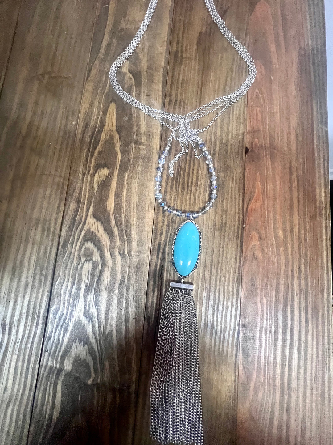 Silver 4 Chain NecklaceW/Oval Turquoise Stone and Metal Fringe