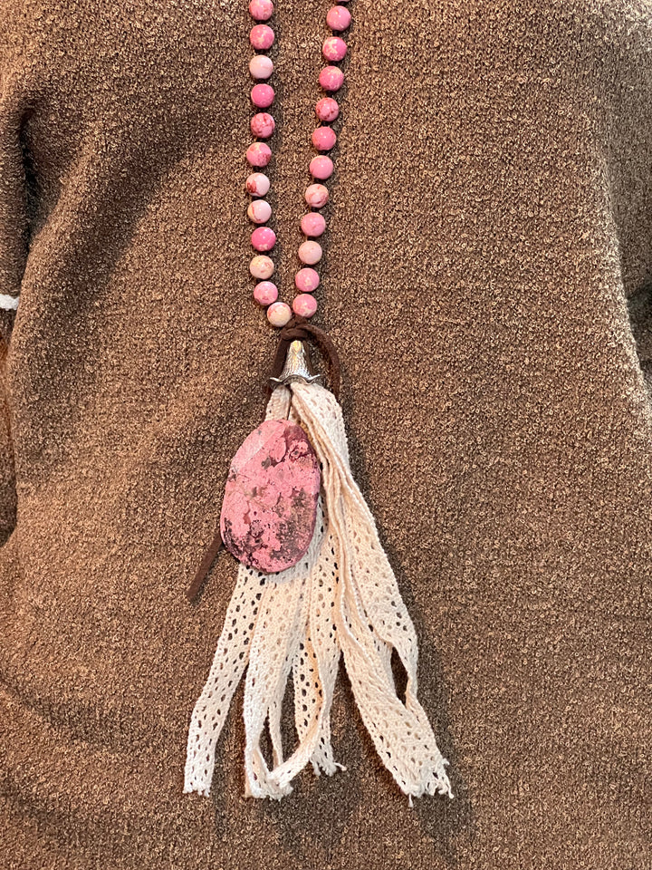 Bubble Gum Pink Beaded Necklace w/Lace and Stone