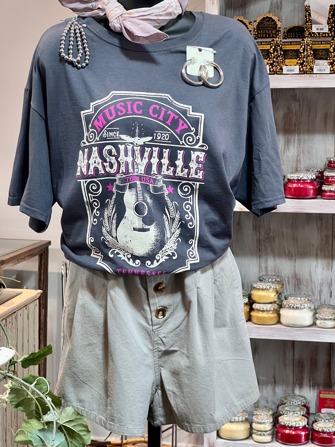 Nashville Music City Tee in Grey w/Rhinstones