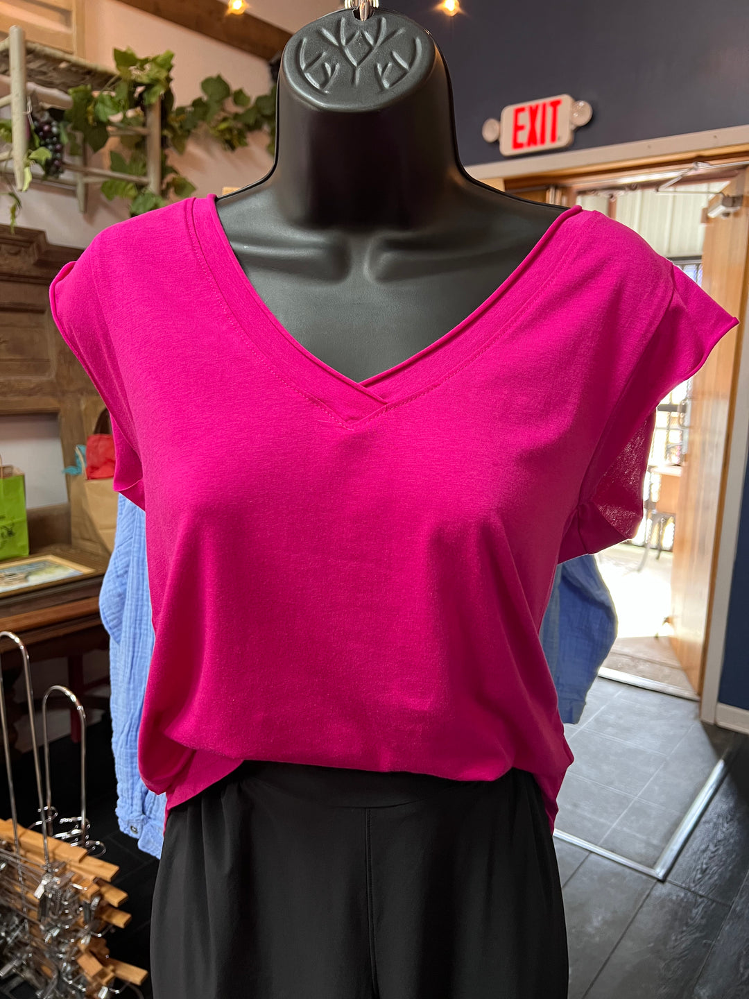 Raspberry V-Neck Curved Hem Tee