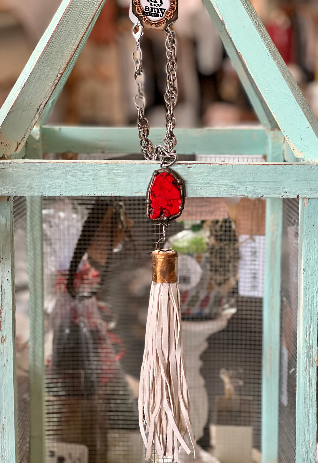 Large 22" Looped Chain Necklace w/Red Stone and Large Cream Leather Tassel