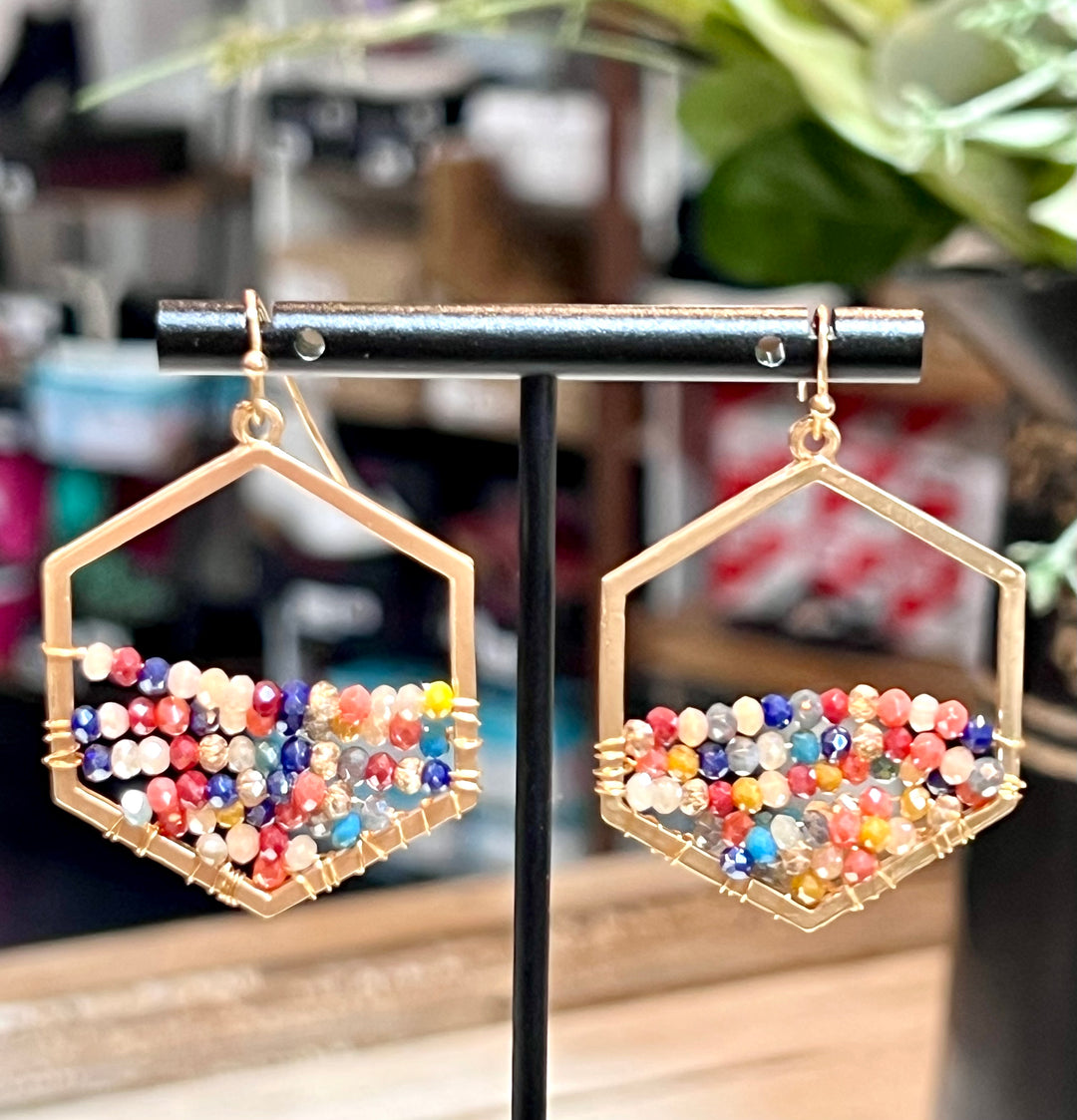 Multi Crystal and Gold Hexagon 1.75" Earrings