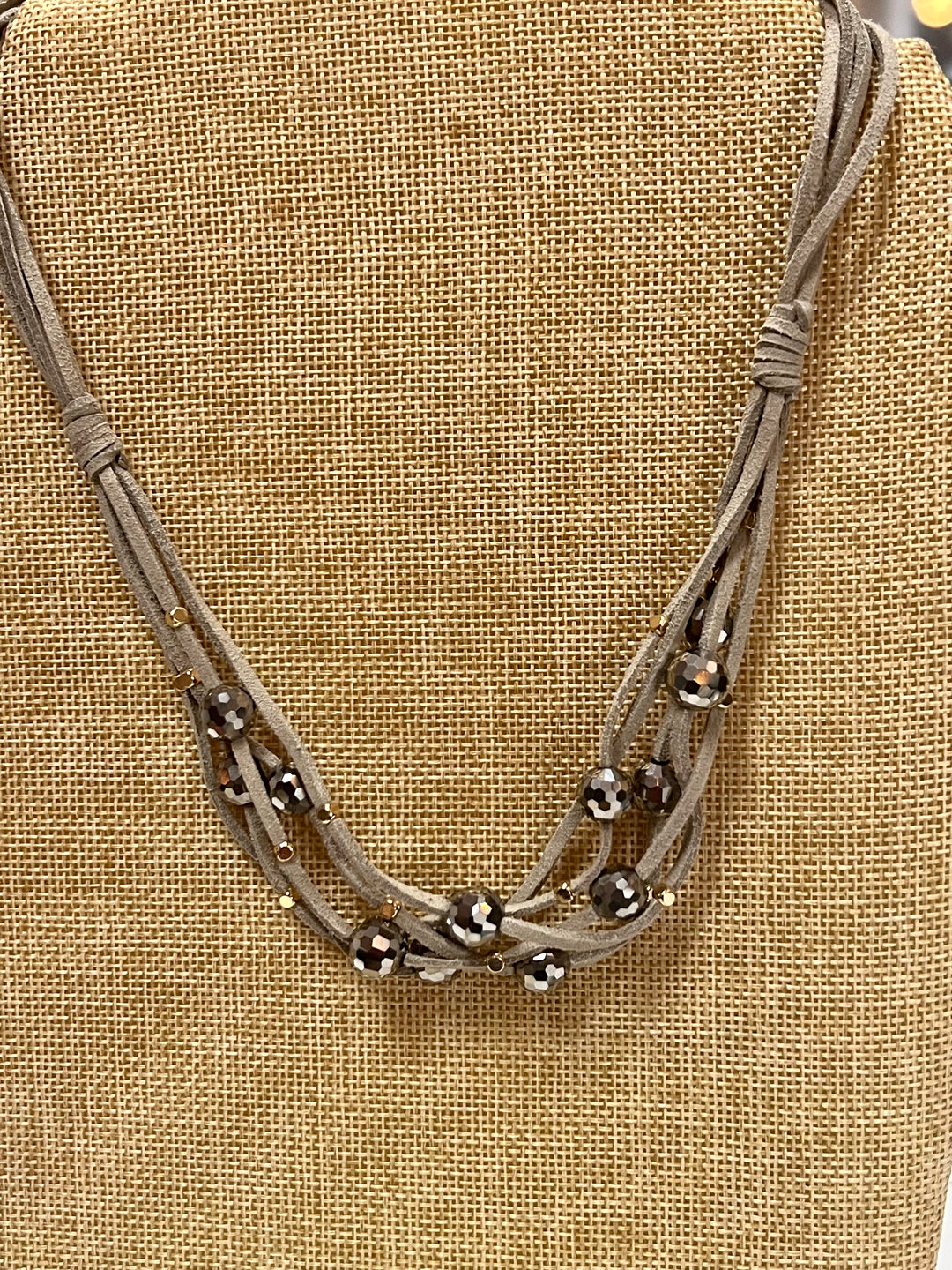 Multi-Strand Faux Leathr w/Grey beads Necklace