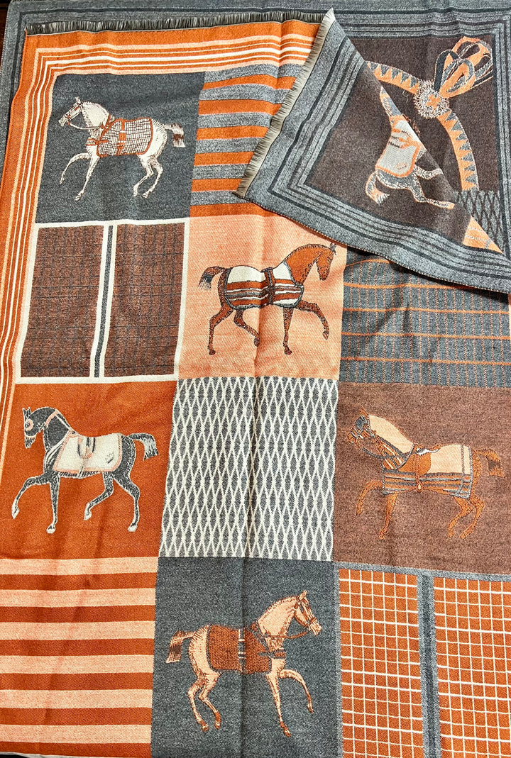 Scarf/Shaw Horse Print Reversable Rust/Grey