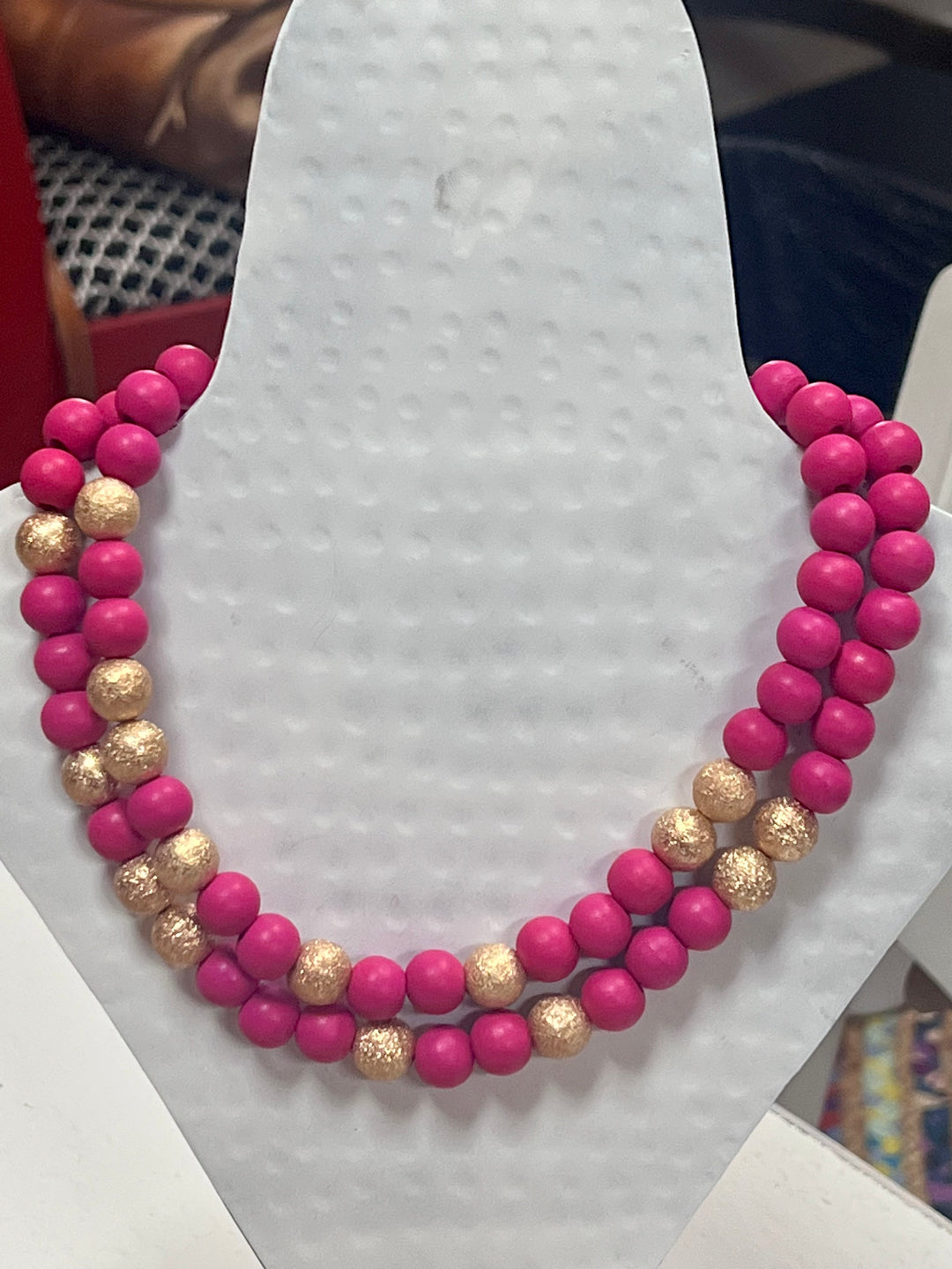 Hot Pink and Gold Large Bead Necklace