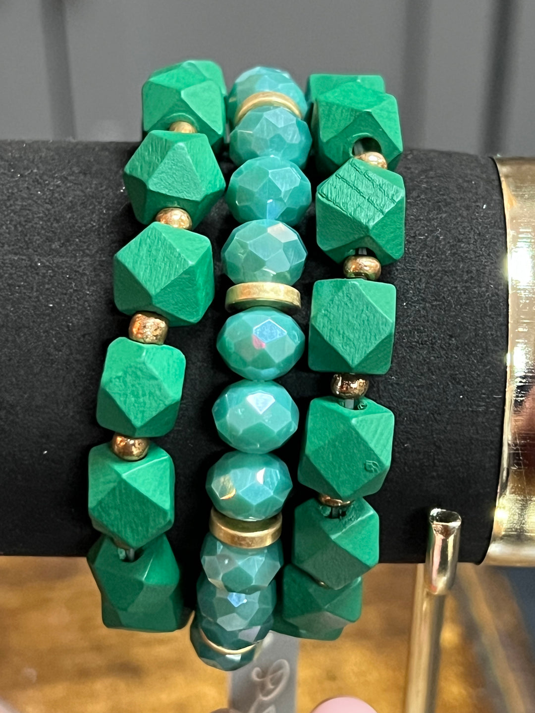 Emerald Green Wood Crystal Bead Bracelet Set