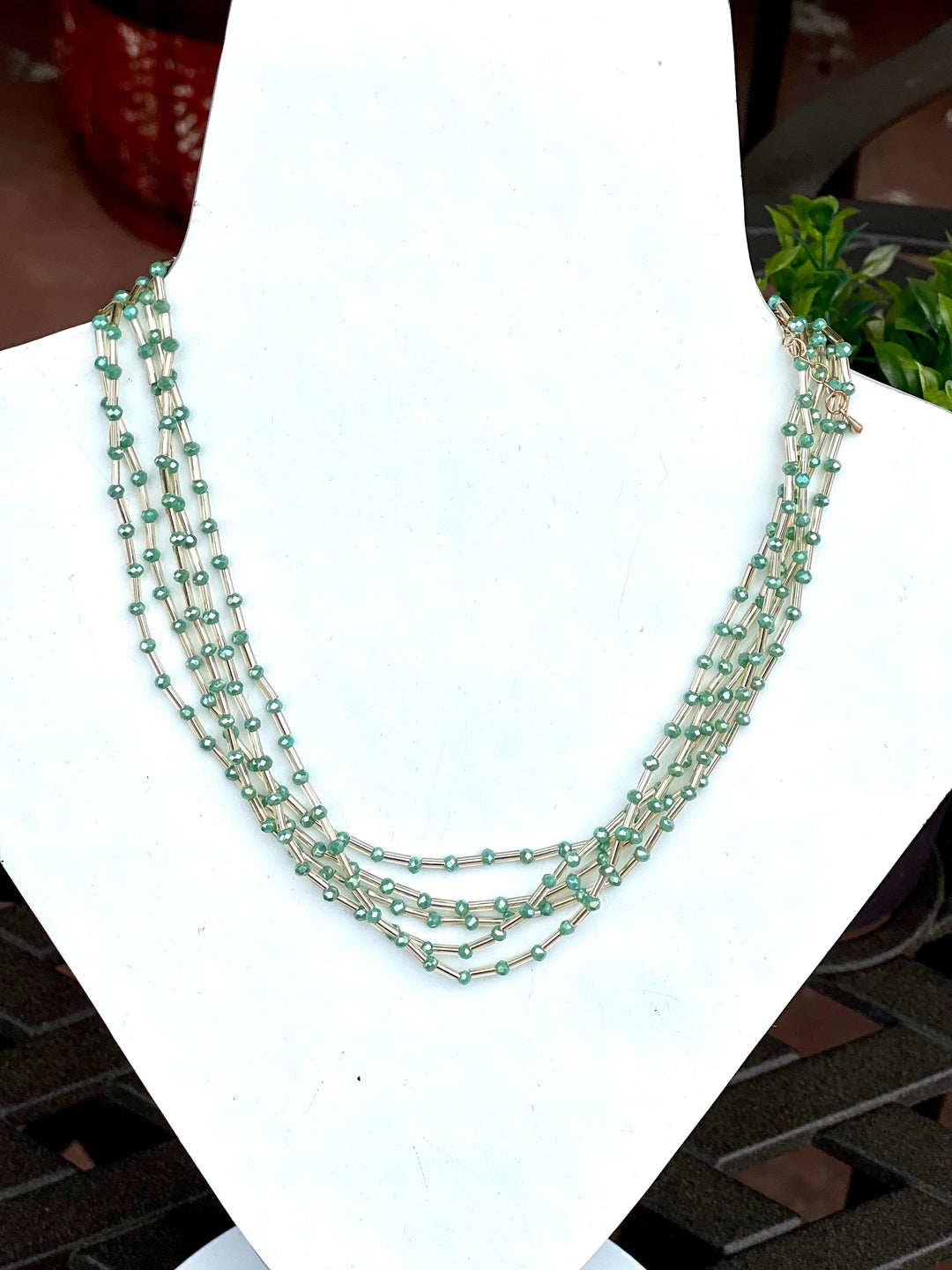 Mint Seed Bead & Gold layered 16"-18" Necklace