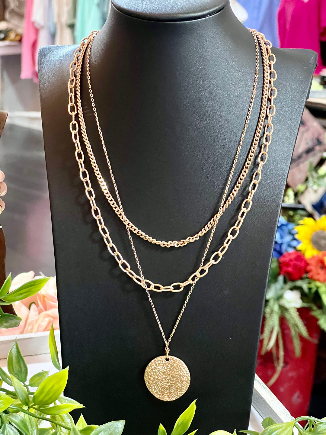 Layered 3 chain w/Hammered Pendant Necklace